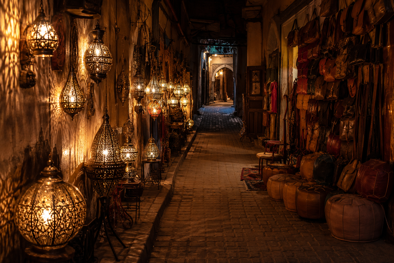 Marrakech souk lit by lanterns at night